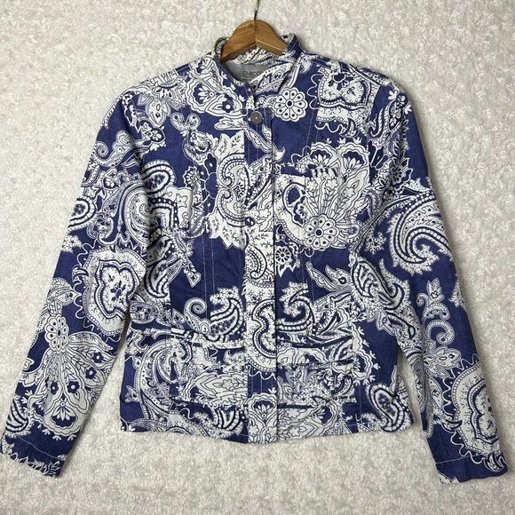 Chico's Paisley Print Denim‎ Jacket Button Front Long Sleeve Blue White Size 0 - Picture 1 of 5